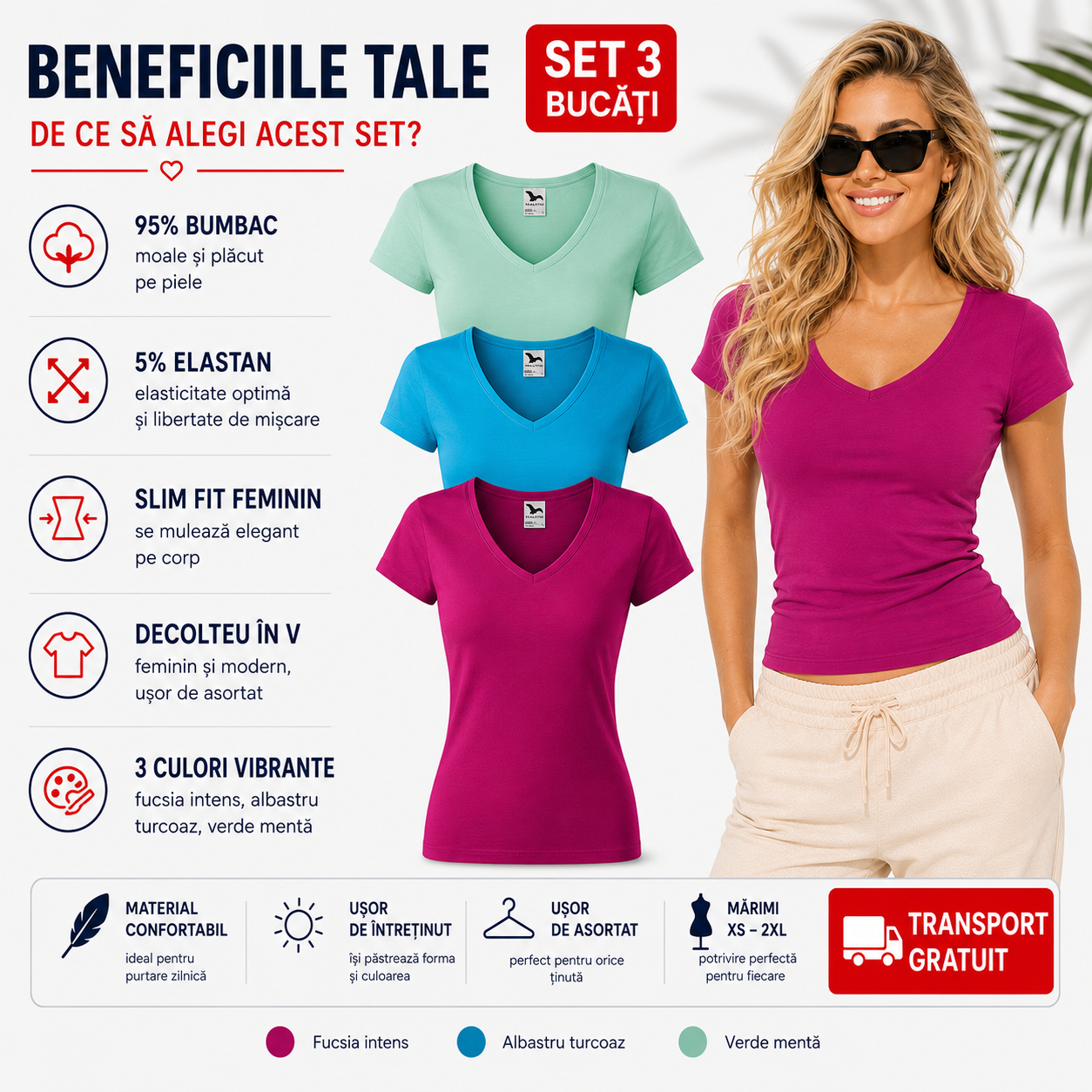 Tricouri damă cu guler &icirc;n V slim fit 95% bumbac 5% elastan